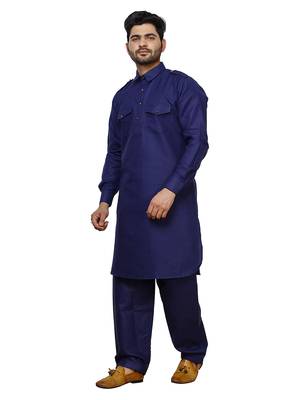 Navy Blue Pathani Cotton Kurta Pajama Set For Mens 2