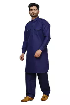 Navy Blue Pathani Cotton Kurta Pajama Set For Mens