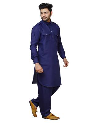Navy Blue Pathani Cotton Kurta Pajama Set For Mens 3