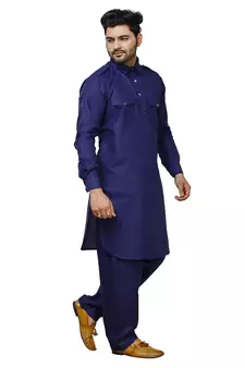 Navy Blue Pathani Cotton Kurta Pajama Set For Mens