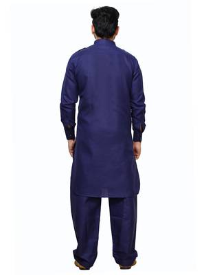 Navy Blue Pathani Cotton Kurta Pajama Set For Mens 4