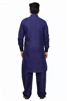 Navy Blue Pathani Cotton Kurta Pajama Set For Mens