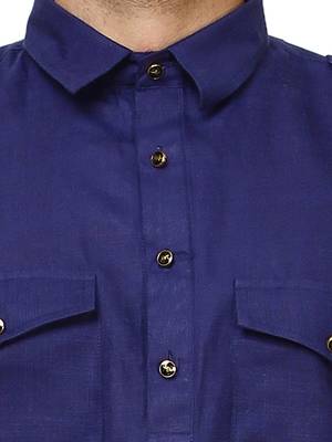 Navy Blue Pathani Cotton Kurta Pajama Set For Mens 5