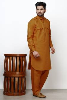 Mustard Pathani Cotton Kurta Pajama Set For Mens