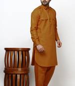 Mustard Pathani Cotton Kurta Pajama Set For Mens