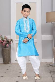Blue embroidered art silk boys-dhoti-kurta