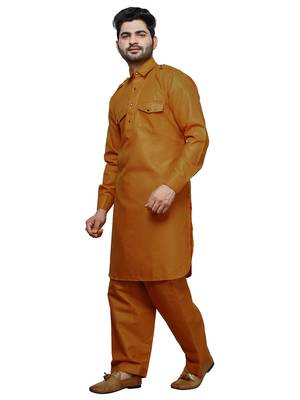 Mustard Pathani Cotton Kurta Pajama Set For Mens 3