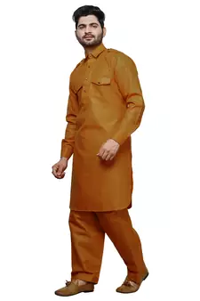 Mustard Pathani Cotton Kurta Pajama Set For Mens