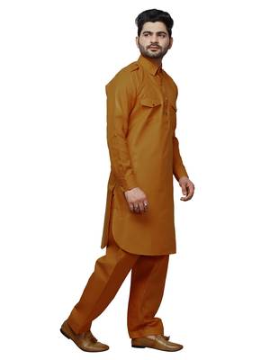 Mustard Pathani Cotton Kurta Pajama Set For Mens 4