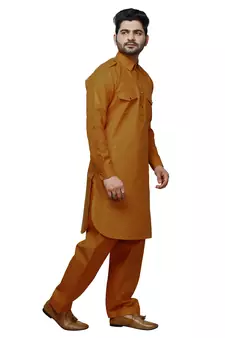 Mustard Pathani Cotton Kurta Pajama Set For Mens