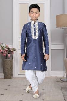 Blue embroidered art silk boys-dhoti-kurta