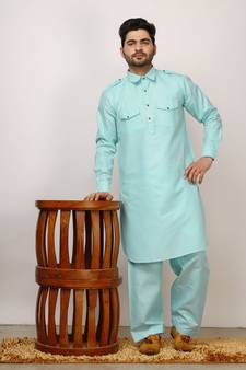 Sky Blue Pathani Cotton Kurta Pajama Set For Mens