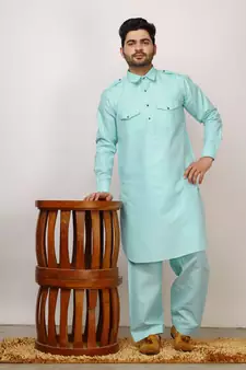 Sky Blue Pathani Cotton Kurta Pajama Set For Mens