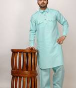 Sky Blue Pathani Cotton Kurta Pajama Set For Mens