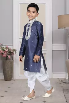 Blue embroidered art silk boys-dhoti-kurta