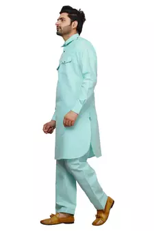 Sky Blue Pathani Cotton Kurta Pajama Set For Mens