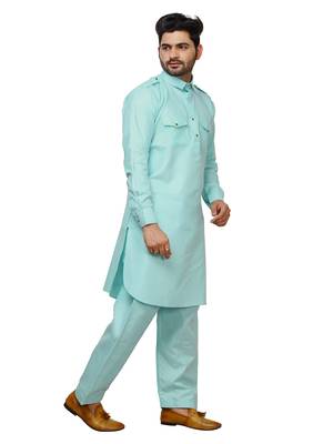 Sky Blue Pathani Cotton Kurta Pajama Set For Mens 3
