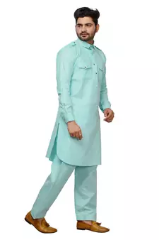 Sky Blue Pathani Cotton Kurta Pajama Set For Mens