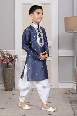 Blue embroidered art silk boys-dhoti-kurta 3