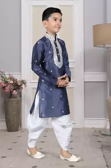 Blue embroidered art silk boys-dhoti-kurta