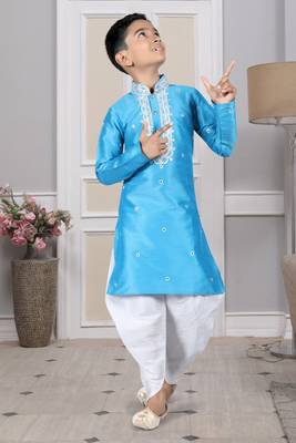 Blue embroidered art silk boys-dhoti-kurta 4