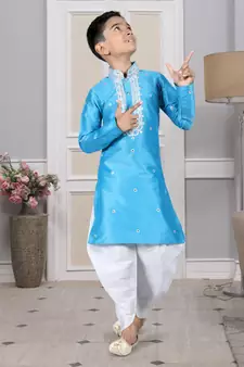 Blue embroidered art silk boys-dhoti-kurta