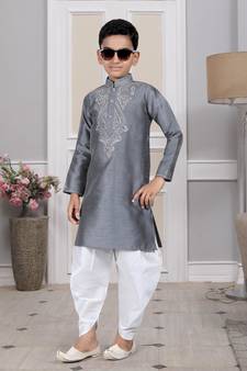 Grey embroidered art silk boys-dhoti-kurta
