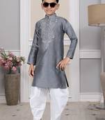 Grey embroidered art silk boys-dhoti-kurta