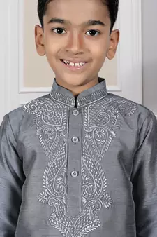 Grey embroidered art silk boys-dhoti-kurta