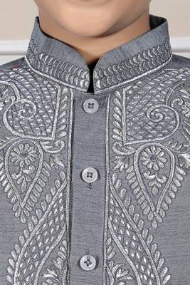 Grey embroidered art silk boys-dhoti-kurta 3