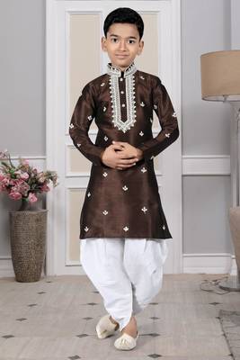 Brown embroidered art silk boys-dhoti-kurta 1