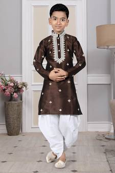 Brown embroidered art silk boys-dhoti-kurta