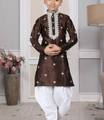 Brown embroidered art silk boys-dhoti-kurta