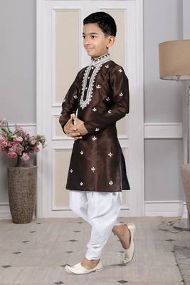 Brown embroidered art silk boys-dhoti-kurta 2