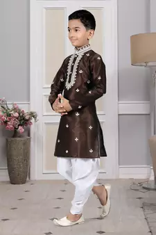 Brown embroidered art silk boys-dhoti-kurta