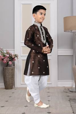 Brown embroidered art silk boys-dhoti-kurta 3
