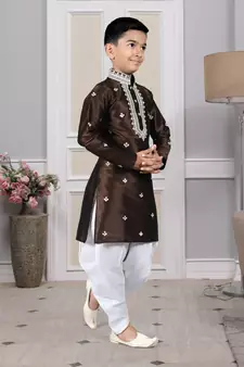 Brown embroidered art silk boys-dhoti-kurta