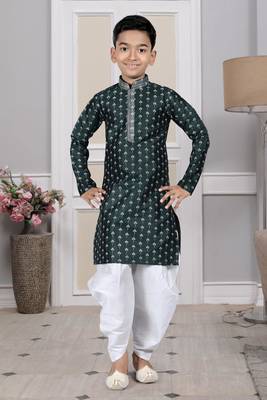 Green printed art silk boys-dhoti-kurta 1