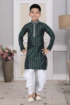 Green printed art silk boys-dhoti-kurta
