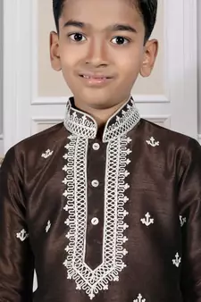 Brown embroidered art silk boys-dhoti-kurta