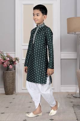 Green printed art silk boys-dhoti-kurta 2