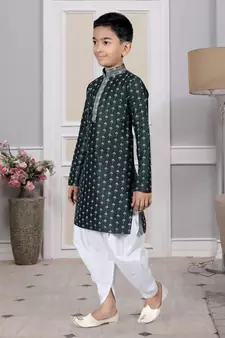 Green printed art silk boys-dhoti-kurta