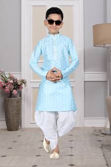 Blue printed art silk boys-dhoti-kurta