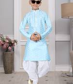 Blue printed art silk boys-dhoti-kurta