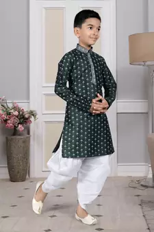 Green printed art silk boys-dhoti-kurta