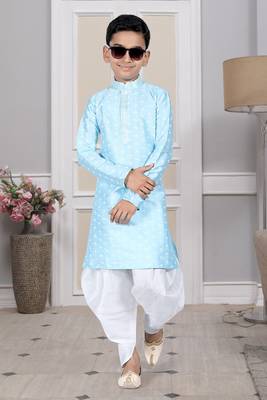 Blue printed art silk boys-dhoti-kurta 2