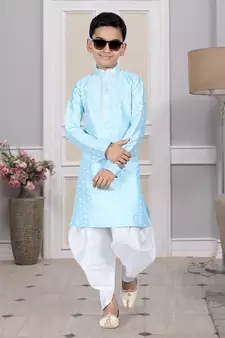 Blue printed art silk boys-dhoti-kurta