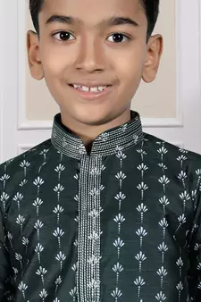 Green printed art silk boys-dhoti-kurta