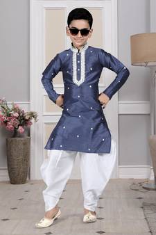 Blue embroidered art silk boys-dhoti-kurta
