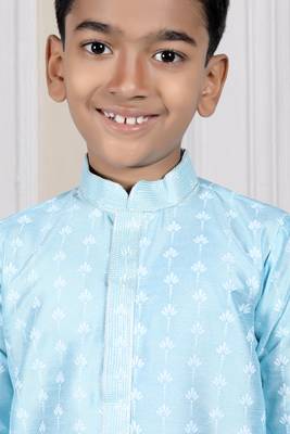 Blue printed art silk boys-dhoti-kurta 3